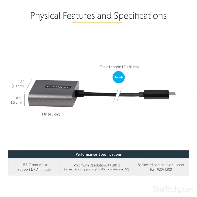 StarTech.com Adaptador USB-C para DVI – Dongle adaptador USB-C para DVI-D 1920x1200p – USB Type-C para monitor/ecrã DVI – Conversor de vídeo – Compatível com Thunderbolt 3 – Cabo fixo de 12 polegadas – Versão atualizada do CDP2DVI