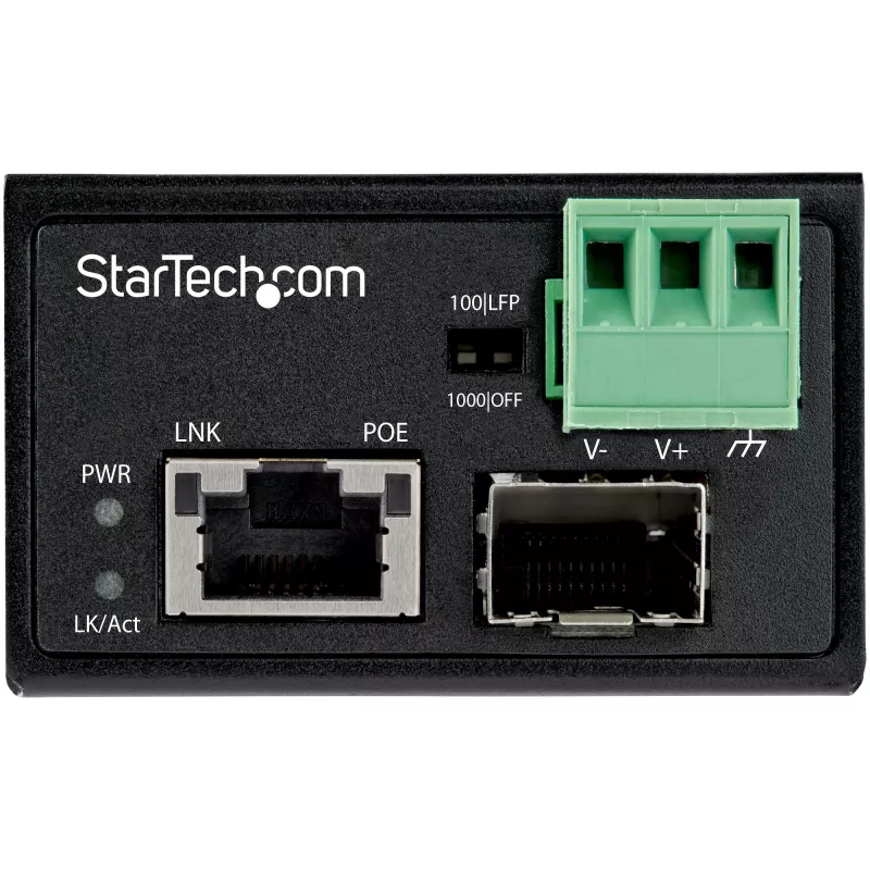 StarTech.com Conversor de média industrial PoE+ de fibra ótica para Ethernet 30W - SFP para RJ45 - Fibra monomodo/multimodo para Ethernet Gigabit de cobre - Tamanho mini/compacto - IP-30/ -40 a +75°C