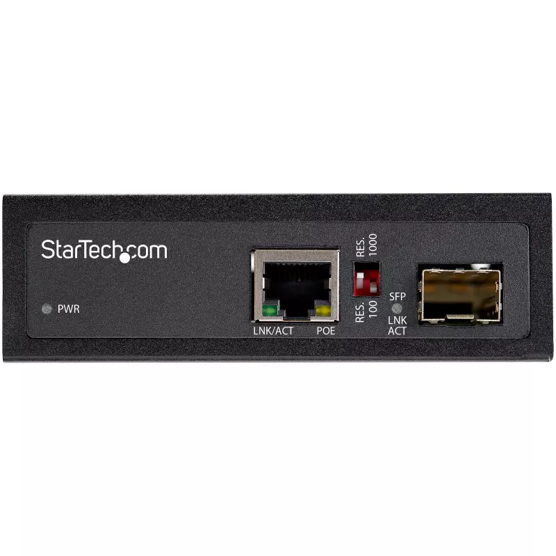 StarTech.com Conversor de média industrial PoE+ de fibra ótica para Ethernet 60W – SFP para RJ45 – Fibra monomodo/multimodo para Ethernet Gigabit de cobre – Tamanho compacto – IP30/ -40 a +75 °C