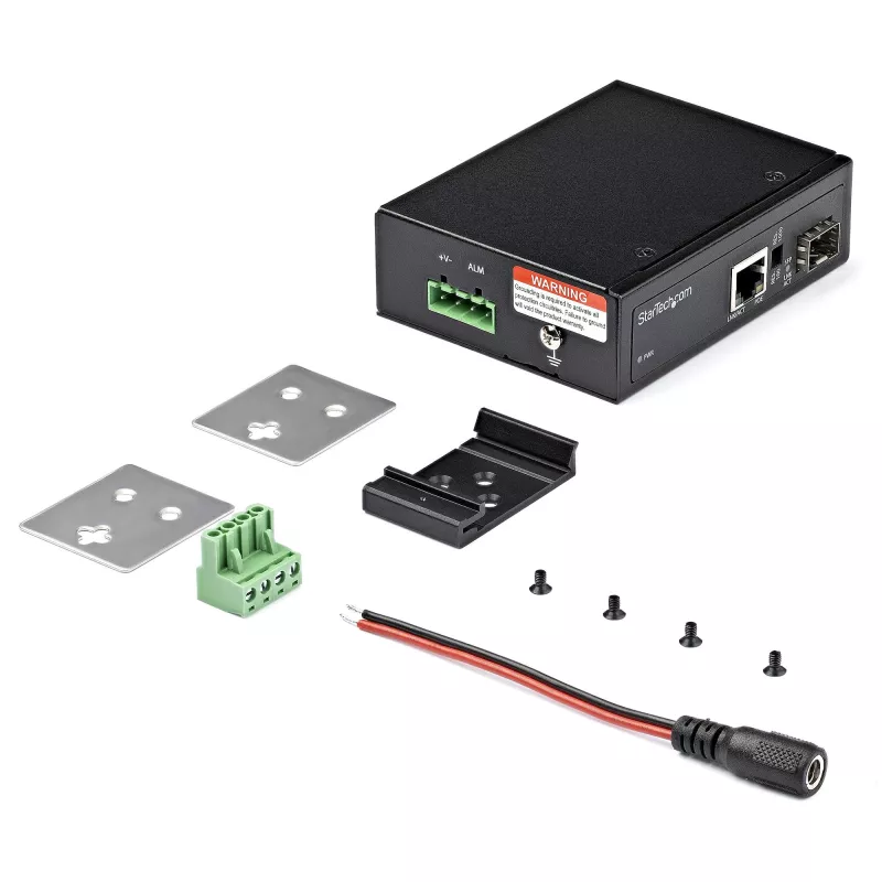 StarTech.com Conversor de média industrial PoE+ de fibra ótica para Ethernet 60W – SFP para RJ45 – Fibra monomodo/multimodo para Ethernet Gigabit de cobre – Tamanho compacto – IP30/ -40 a +75 °C