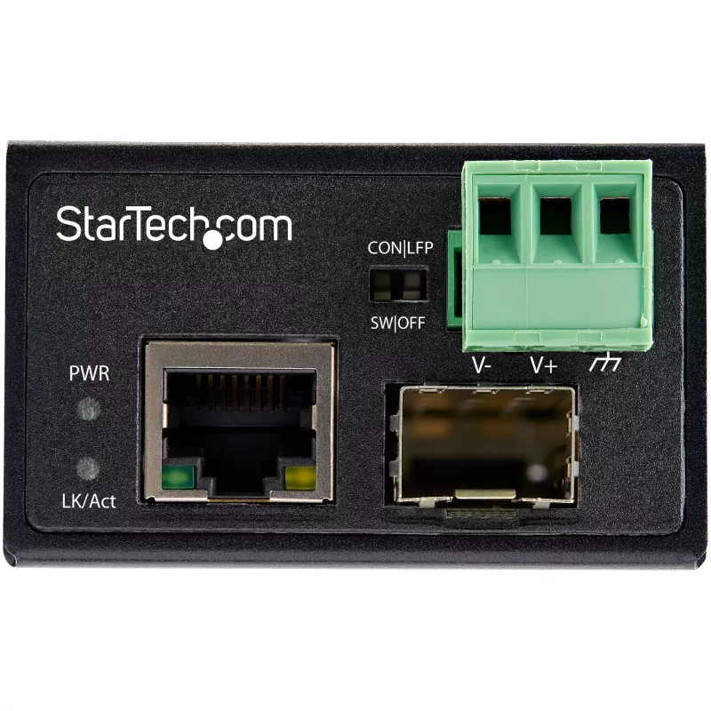 StarTech.com Conversor de média industrial de fibra ótica para Ethernet – SFP de 100 Mbit/s para RJ45/Cat6 – Fibra ótica monomodo/multimodo para rede de cobre – 12-56 V DC – IP-30 / -40 a +75 °C