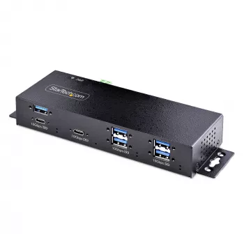 StarTech.com Hub USB industrial de 7 portas 10Gbps com fonte de alimentação, metal, montável, 5x USB-A e 2x portas downstream USB-C, proteção ESD, hub USB alimentado, TAA