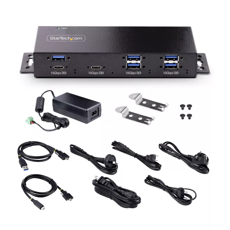 StarTech.com Hub USB industrial de 7 portas 10Gbps com fonte de alimentação, metal, montável, 5x USB-A e 2x portas downstream USB-C, proteção ESD, hub USB alimentado, TAA