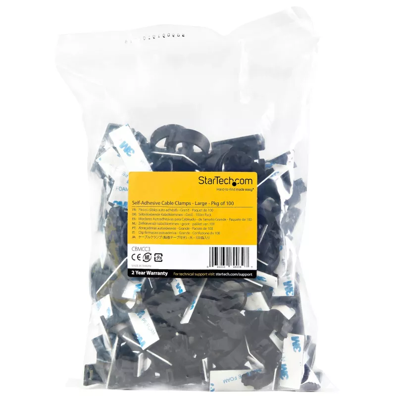 StarTech.com 100 clipes de gestão de cabos autoadesivos pretos – Organizador de cabos de rede/Ethernet/secretária de computador – Suportes adesivos para cabos/linhas – Clipe autoadesivo de nylon resistente ao fogo UL/94V-2