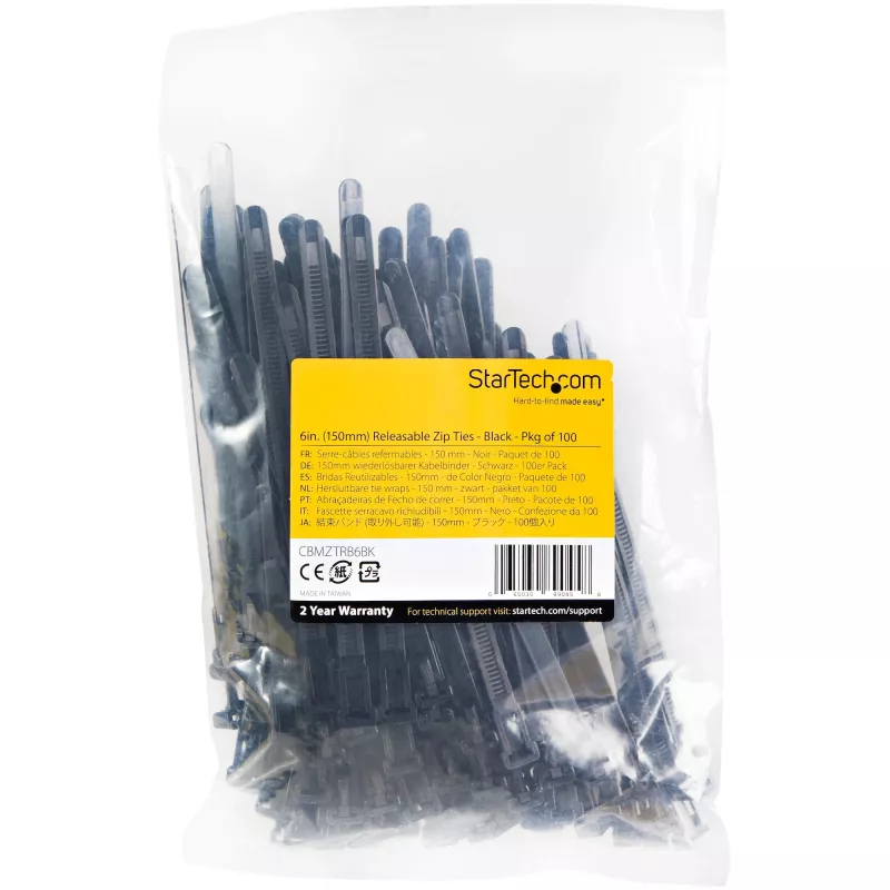 StarTech.com Abraçadeiras reutilizáveis de 15 cm – 7 mm de largura, 35 mm de diâmetro de feixe, 22 kg de resistência à tração, abraçadeiras de nylon removíveis, interior/exterior, 94V-2/UL listado, pack de 100 – preto