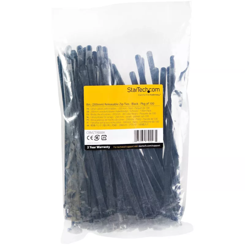 StarTech.com Abraçadeiras reutilizáveis de 20 cm – 7 mm de largura, 50 mm de diâmetro de feixe, 22 kg de resistência à tração, abraçadeiras de nylon removíveis, interior/exterior, UL94 V-2 listado, pack de 100 – preto