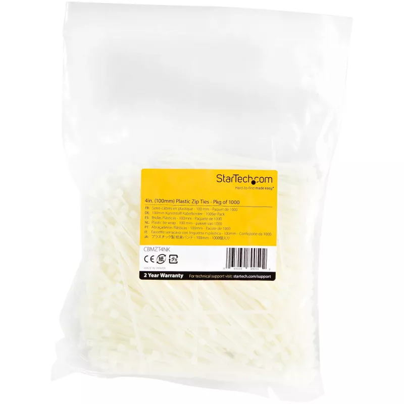 StarTech.com Abraçadeiras de 4 polegadas (10 cm) – 1,6 mm de largura, 22 mm de diâmetro de feixe, 8 kg de resistência à tração, abraçadeiras de nylon autoajustáveis com ponta curvada – 94V-2/UL listado, pack de 1000 – branco