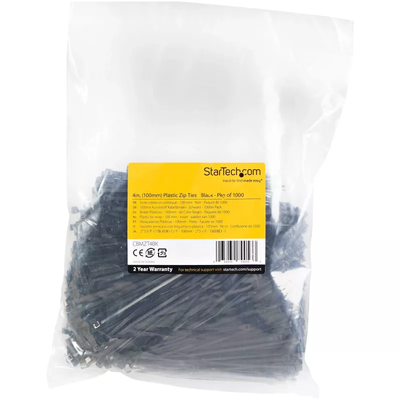StarTech.com Abraçadeiras de 4 polegadas (10 cm) – 1/16 polegadas (2 mm) de largura, 7/8 polegadas (22 mm) de diâmetro de feixe, 18 lb (8 kg) de resistência à tração, abraçadeiras de nylon autoajustáveis com ponta curvada – 94V-2/UL listado, pack de 1000 – preto
