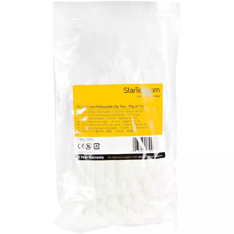 StarTech.com Abraçadeiras reutilizáveis de 12 cm – 7 mm de largura, 30 mm de diâmetro de feixe, 22 kg de resistência à tração, abraçadeiras de nylon removíveis, interior/exterior, 94V-2/UL listado, pack de 100 – branco