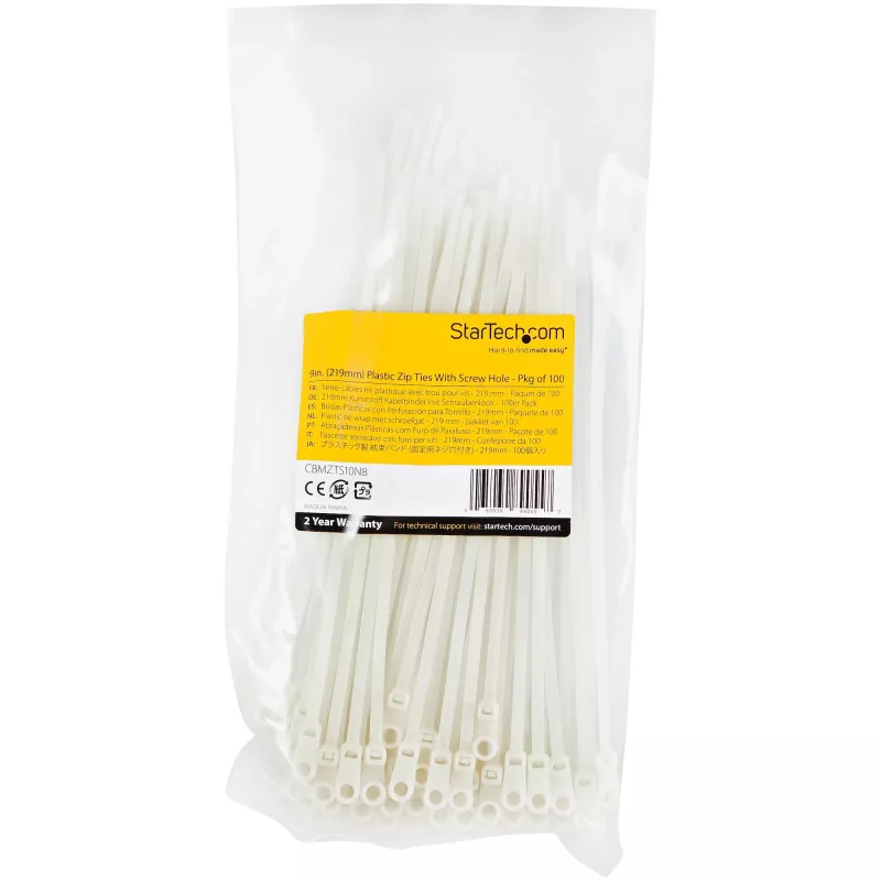 StarTech.com Abraçadeiras de 8 polegadas (20 cm) com orifício de montagem – 1/8 polegadas (4 mm) de largura, 2 polegadas (52 mm) de diâmetro de feixe, 50 lb (22 kg) de resistência à tração, abraçadeiras de nylon-66 autoajustáveis com orifício para parafuso, listado UL, pack de 100