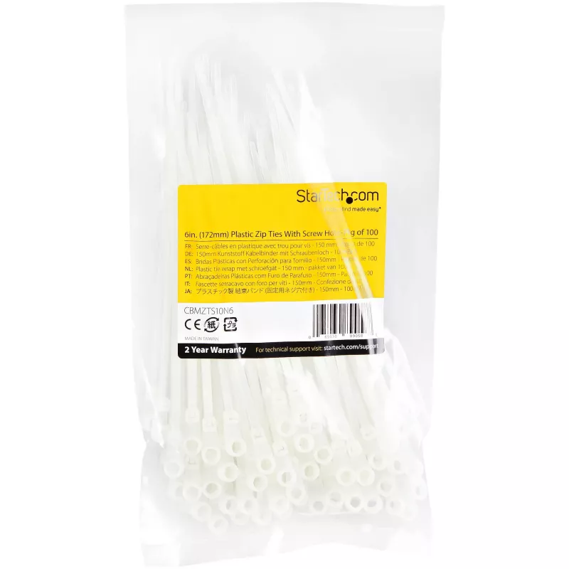 StarTech.com Abraçadeiras de 6 polegadas (15 cm) com orifício de fixação – 1/8 polegadas (3 mm) de largura, 1-1/2 polegadas (40 mm) de diâmetro de feixe, 40 lb (18 kg) de resistência à tração, abraçadeiras de nylon 66 autoajustáveis com orifício para parafuso, listado UL, pack de 100