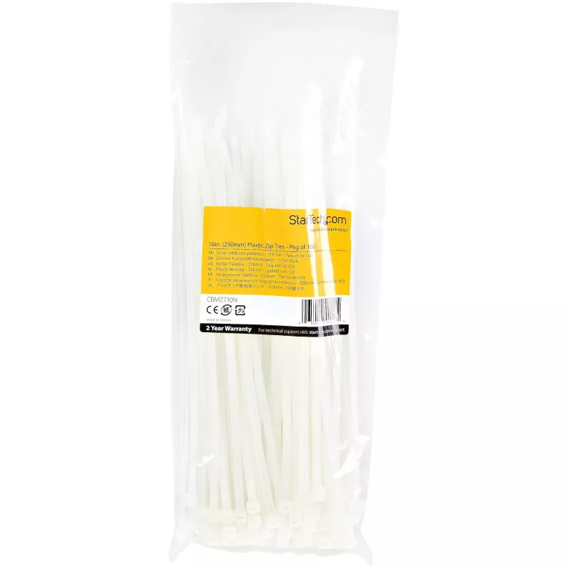 StarTech.com Abraçadeiras de 10 polegadas (25 cm) – 1/8 polegadas (4 mm) de largura, 2-5/8 polegadas (68 mm) de diâmetro de feixe, 50 lb (22 kg) de resistência à tração, abraçadeiras de nylon autoajustáveis com ponta curvada – 94V-2/UL listado, pack de 100 – branco