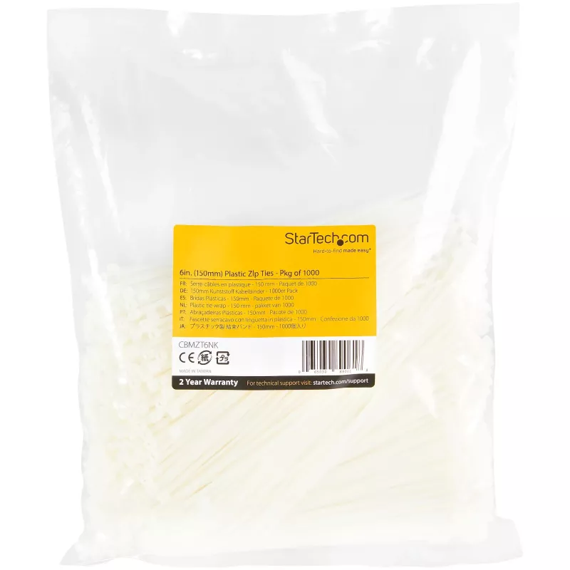 StarTech.com Abraçadeiras de 15cm – 3mm de largura, 39mm de diâmetro de feixe, 18kg de resistência à tração, abraçadeiras de nylon autoajustáveis com ponta curvada – 94V-2/UL listado, pack de 1000 – branco