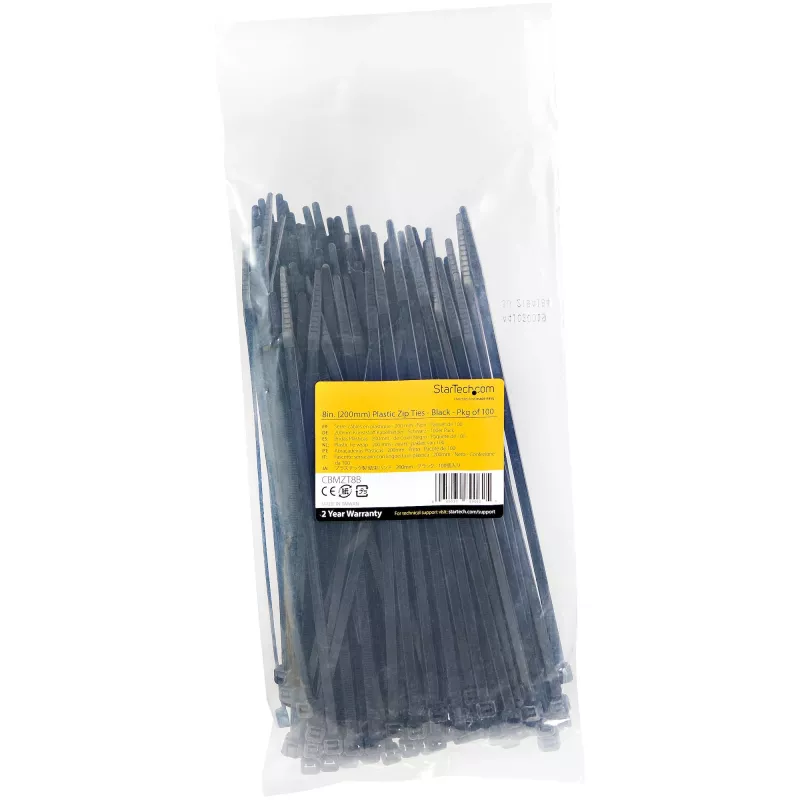 StarTech.com Abraçadeiras de 20cm – 4mm de largura, 55mm de diâmetro de feixe, 22kg de resistência à tração, abraçadeiras de nylon autoajustáveis com ponta curvada – 94V-2/UL listado, pack de 100 – preto