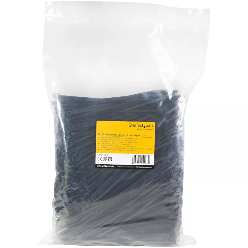 StarTech.com Abraçadeiras de 20 cm – 4 mm de largura, 55 mm de diâmetro de feixe, 22 kg de resistência à tração, abraçadeiras de nylon autoajustáveis com ponta curvada – 94V-2/UL listado, pack de 1000 – preto