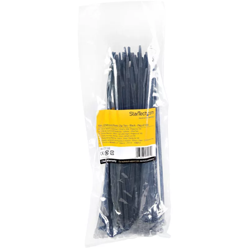 StarTech.com Abraçadeiras de 25 cm – 4 mm de largura, 68 mm de diâmetro de feixe, 22 kg de resistência à tração, abraçadeiras de nylon autoajustáveis com ponta curvada – 94V-2/UL listado, pack de 100 – preto