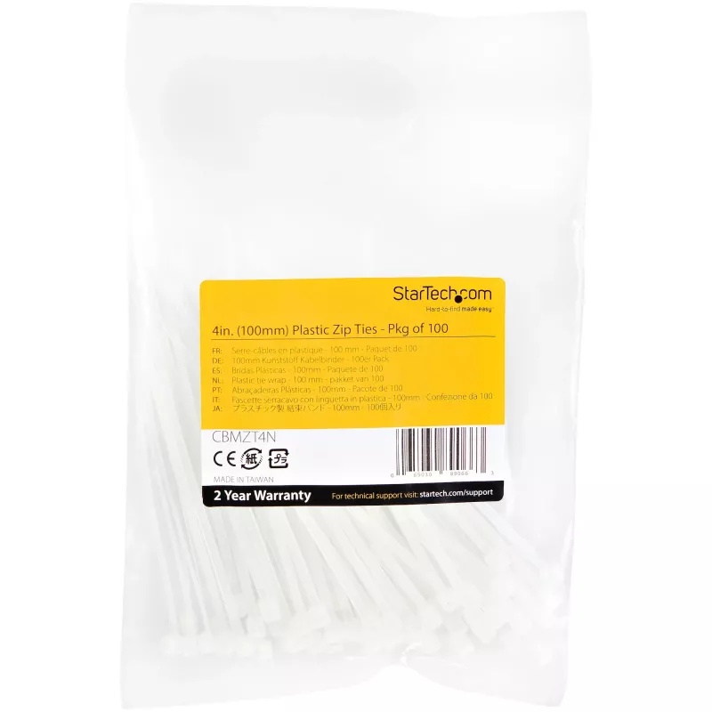 StarTech.com Abraçadeiras de 4 polegadas (10 cm) – 1/16 polegadas (2 mm) de largura, 7/8 polegadas (22 mm) de diâmetro de feixe, 18 lb (8 kg) de resistência à tração, abraçadeiras de nylon autoajustáveis com ponta curvada – 94V-2/UL listado, pack de 100 – branco