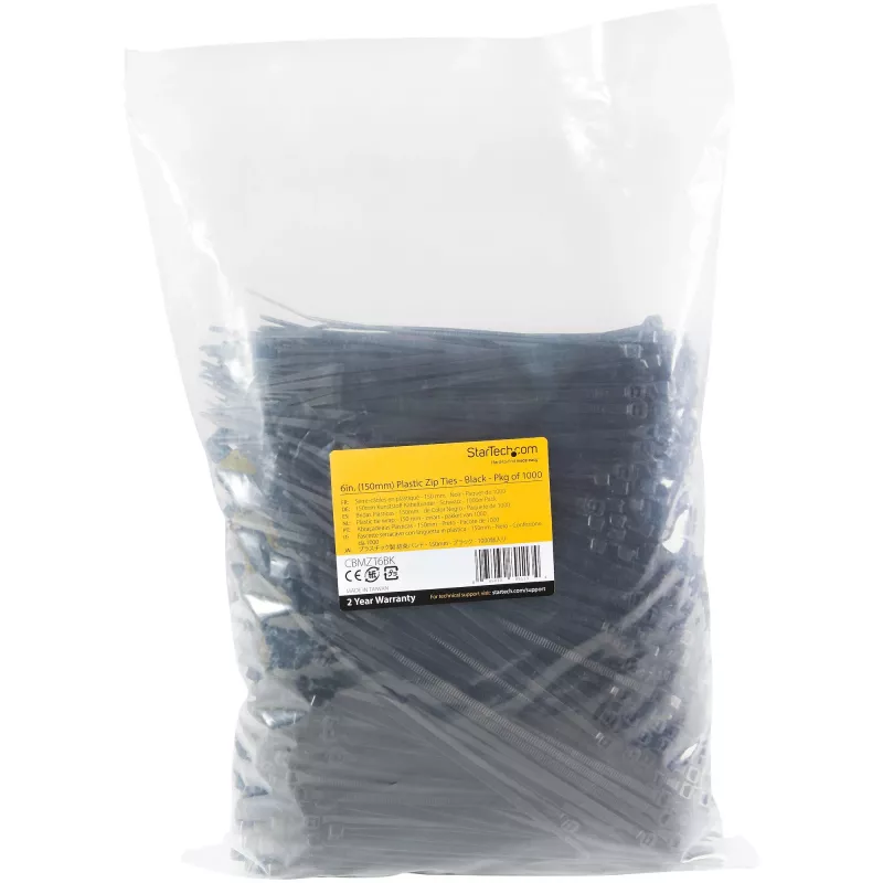 StarTech.com Pack de 1000 abraçadeiras de 6 polegadas (15 cm) – 1/8 polegadas (3,6 mm) de largura, 1-3/8 polegadas (39 mm) de diâmetro de feixe, 18 kg de resistência à tração, abraçadeiras de nylon autoajustáveis com ponta curvada, listado UL, preto – TAA