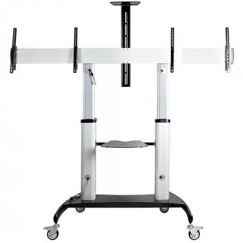 StarTech.com Carrinho de TV duplo para televisores VESA de 37-60 polegadas até 110lb/50kg cada – Suporte de TV ajustável em altura, carrinho móvel para ecrãs com prateleiras para equipamentos – Carrinho de TV com rodas – Suporte de TV com rodas