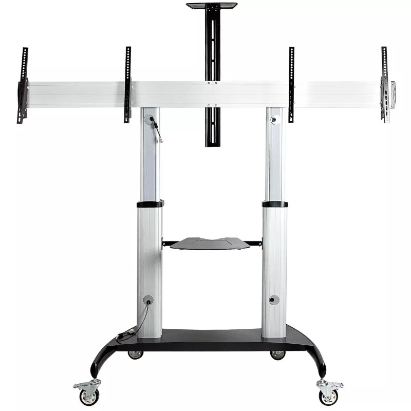 StarTech.com Carrinho de TV duplo para televisores VESA de 37-60 polegadas até 110lb/50kg cada – Suporte de TV ajustável em altura, carrinho móvel para ecrãs com prateleiras para equipamentos – Carrinho de TV com rodas – Suporte de TV com rodas