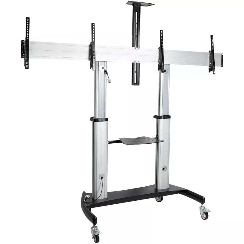 StarTech.com Carrinho de TV duplo para televisores VESA de 37-60 polegadas até 110lb/50kg cada – Suporte de TV ajustável em altura, carrinho móvel para ecrãs com prateleiras para equipamentos – Carrinho de TV com rodas – Suporte de TV com rodas