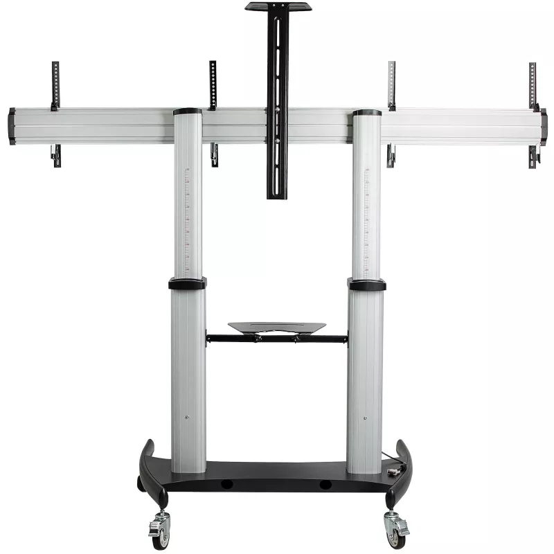 StarTech.com Carrinho de TV duplo para televisores VESA de 37-60 polegadas até 110lb/50kg cada – Suporte de TV ajustável em altura, carrinho móvel para ecrãs com prateleiras para equipamentos – Carrinho de TV com rodas – Suporte de TV com rodas