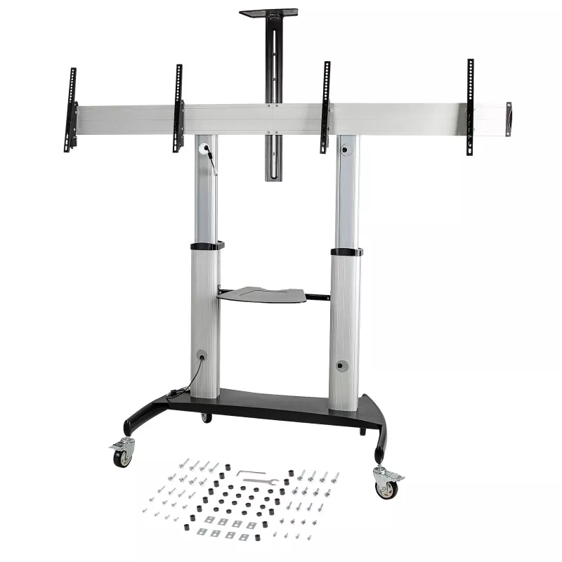 StarTech.com Carrinho de TV duplo para televisores VESA de 37-60 polegadas até 110lb/50kg cada – Suporte de TV ajustável em altura, carrinho móvel para ecrãs com prateleiras para equipamentos – Carrinho de TV com rodas – Suporte de TV com rodas