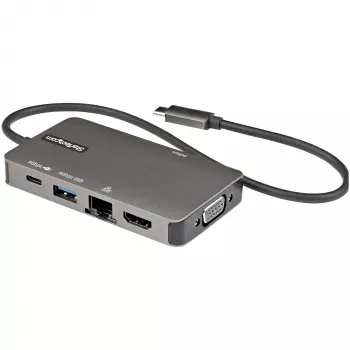 StarTech.com Adaptador multiporta USB-C – USB-C para HDMI 4K 30Hz ou VGA 1080p – Mini dock USB Type-C com Power Delivery 100W passthrough, hub USB de 3 portas 5Gbps, GbE – Cabo fixo de 12″ (30 cm)