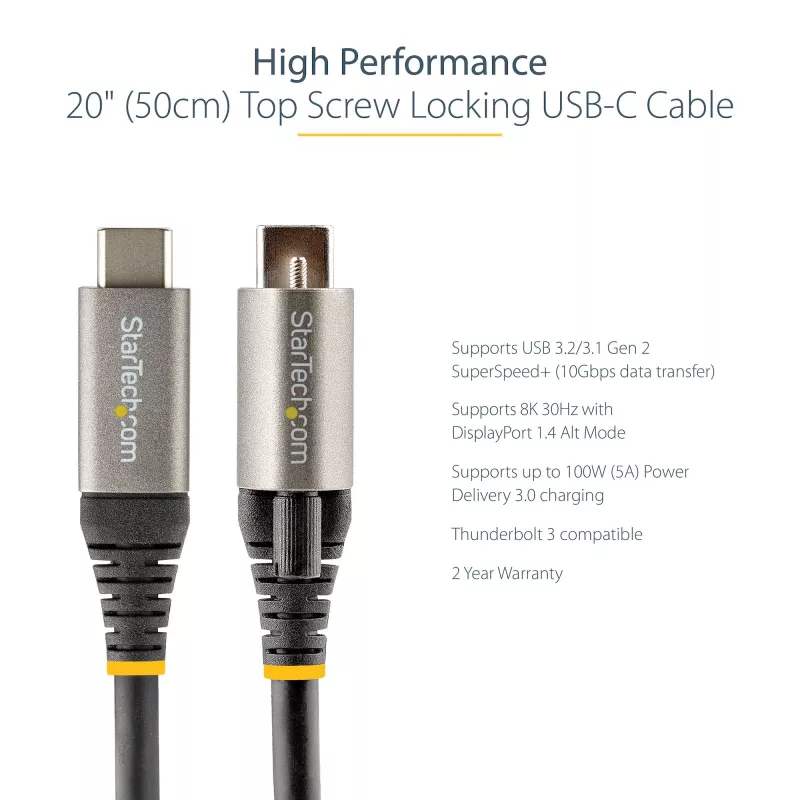 StarTech.com Cabo USB-C de 50 cm com bloqueio superior por parafuso 10 Gbit/s – Cabo USB 3.1/3.2 Gen 2 Type-C – Carregamento Power Delivery 100 W (5 A), DP Alt Mode – Bloqueio simples por parafuso, cabo USB-C carregar/sincronizar