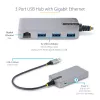 StarTech.com Hub USB de 3 portas com Ethernet – 3 portas USB-A – Gigabit Ethernet (RJ-45) – USB 3.0 5Gbit/s – Alimentado pelo barramento – Cabo de 30 cm – Adaptador hub USB portátil para portátil com GbE