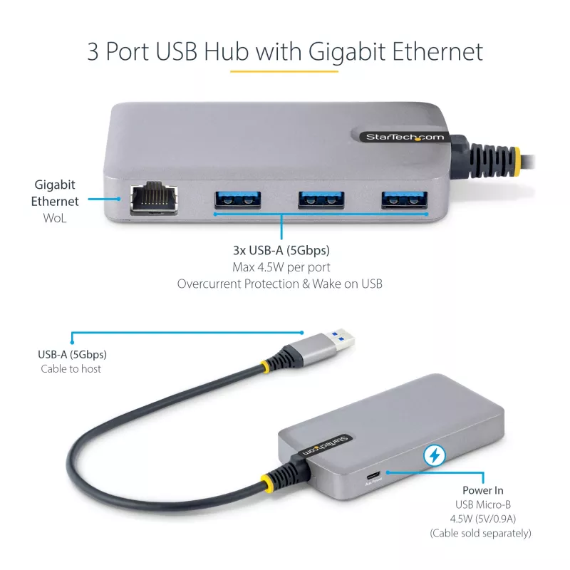 StarTech.com Hub USB de 3 portas com Ethernet – 3 portas USB-A – Gigabit Ethernet (RJ-45) – USB 3.0 5Gbit/s – Alimentado pelo barramento – Cabo de 30 cm – Adaptador hub USB portátil para portátil com GbE