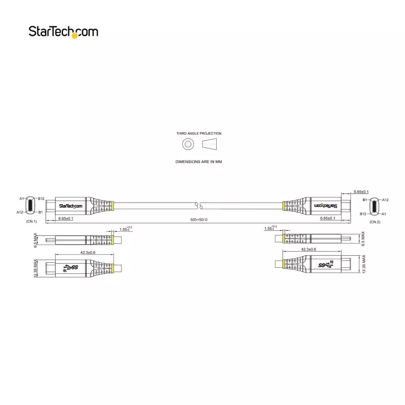 StarTech.com Cabo USB-C de 20 polegadas (50 cm) 10 Gbit/s – Cabo USB 3.1 Type-C – Carregamento Power Delivery 100 W (5 A), DP Alt Mode – Cabo USB-C para portátil/telefone/dispositivo USB-C – Carregar/sincronizar