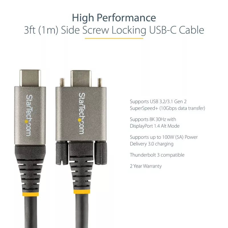 StarTech.com Cabo USB-C de 0,91 m com bloqueio lateral por parafuso 10 Gbit/s – Cabo USB-C certificado USB-IF – Cabo USB 3.1/3.2 Gen 2 Type-C – Carregamento Power Delivery 100 W (5 A), DP Alt Mode – Bloqueio duplo por parafuso – Cabo USB-C carregar/sincronizar