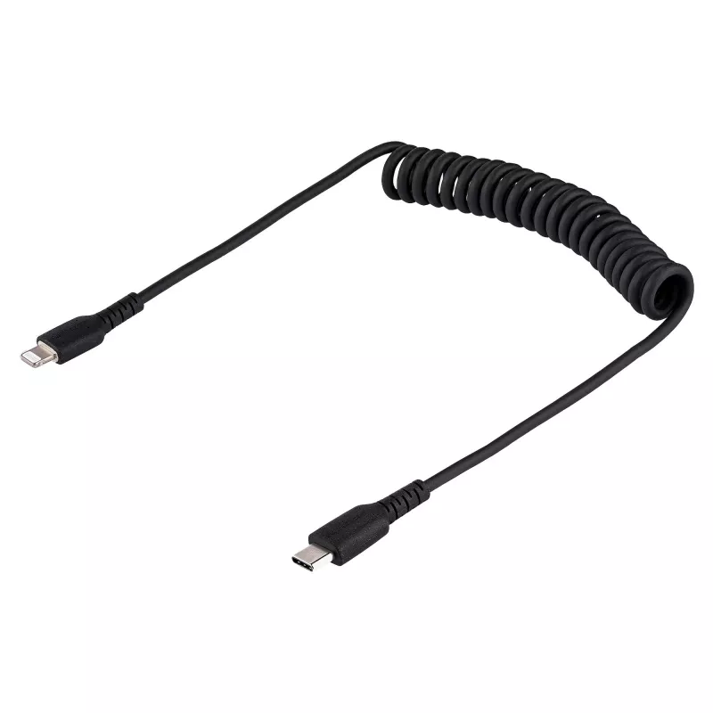 StarTech.com Cabo USB-C para Lightning de 1m (3ft), certificado MFi, cabo espiral para carregamento de iPhone, preto, revestimento TPE robusto fibra de aramida, cabo espiral Lightning durável