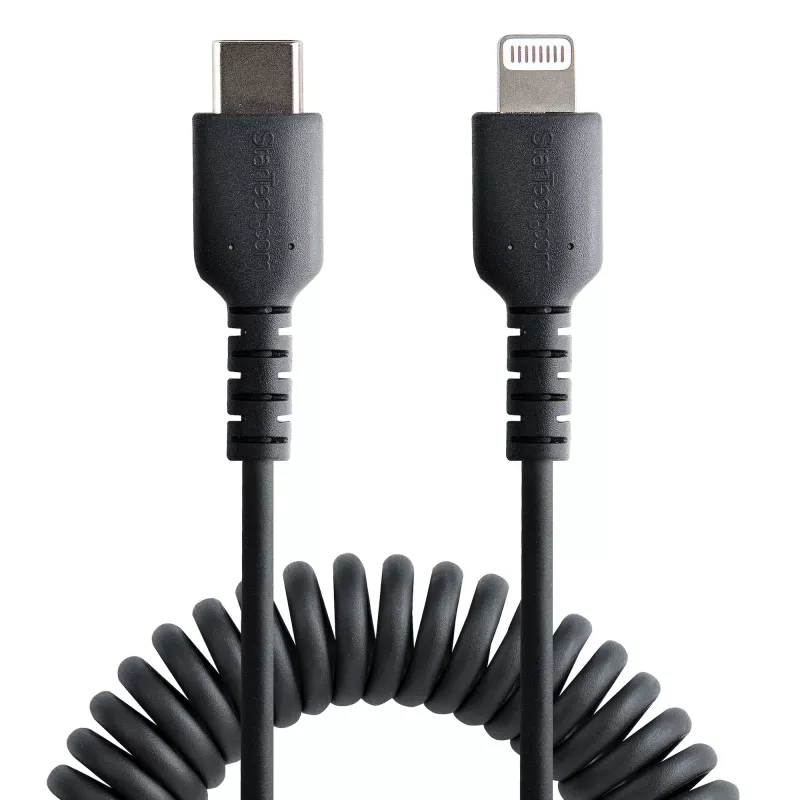 StarTech.com Cabo USB-C para Lightning de 1m (3ft), certificado MFi, cabo espiral para carregamento de iPhone, preto, revestimento TPE robusto fibra de aramida, cabo espiral Lightning durável