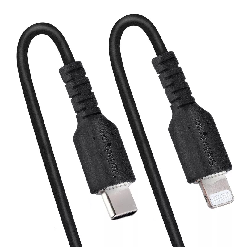 StarTech.com Cabo USB-C para Lightning de 1m (3ft), certificado MFi, cabo espiral para carregamento de iPhone, preto, revestimento TPE robusto fibra de aramida, cabo espiral Lightning durável