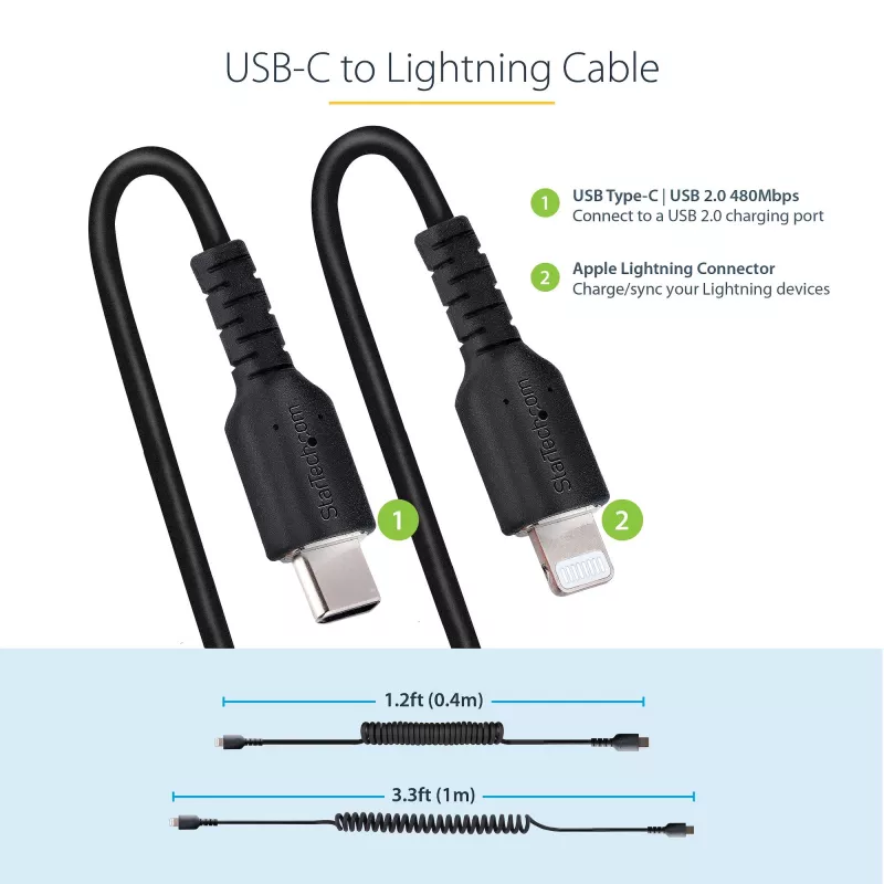 StarTech.com Cabo USB-C para Lightning de 1m (3ft), certificado MFi, cabo espiral para carregamento de iPhone, preto, revestimento TPE robusto fibra de aramida, cabo espiral Lightning durável
