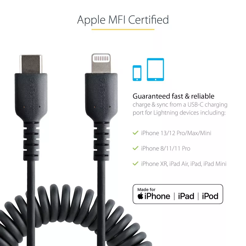 StarTech.com Cabo USB-C para Lightning de 1m (3ft), certificado MFi, cabo espiral para carregamento de iPhone, preto, revestimento TPE robusto fibra de aramida, cabo espiral Lightning durável