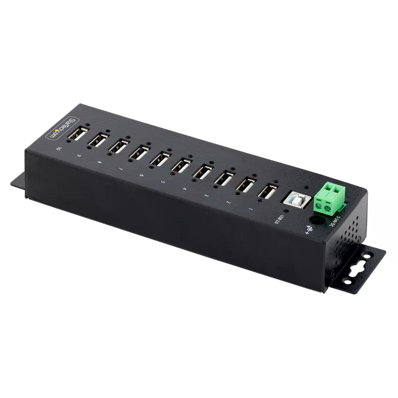 StarTech.com Hub USB 2.0 Industrial de 10 portas, hub USB robusto com proteção ESD nível 4, hub USB-A para montagem em calha DIN/parede/secretária, expansão de portas USB com conectores bloqueáveis, hub USB multiporta