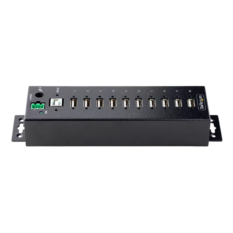 StarTech.com Hub USB 2.0 Industrial de 10 portas, hub USB robusto com proteção ESD nível 4, hub USB-A para montagem em calha DIN/parede/secretária, expansão de portas USB com conectores bloqueáveis, hub USB multiporta