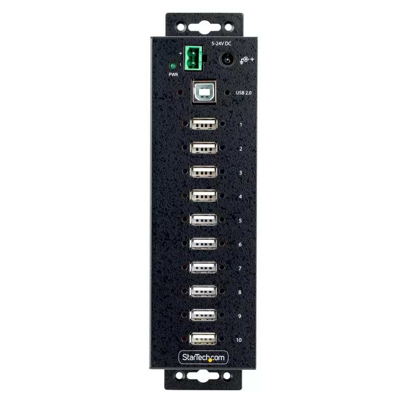 StarTech.com Hub USB 2.0 Industrial de 10 portas, hub USB robusto com proteção ESD nível 4, hub USB-A para montagem em calha DIN/parede/secretária, expansão de portas USB com conectores bloqueáveis, hub USB multiporta