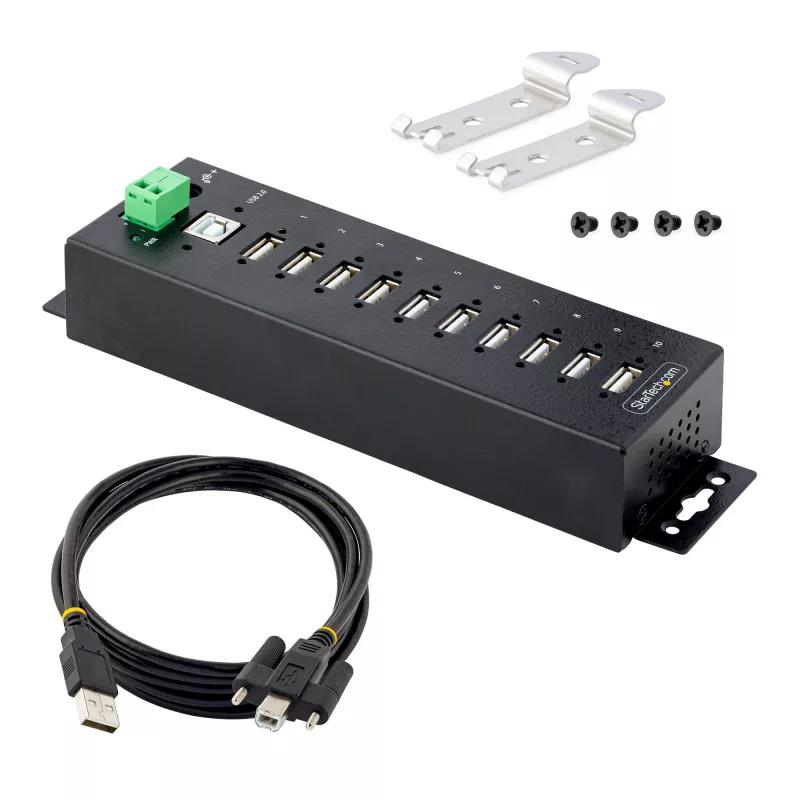 StarTech.com Hub USB 2.0 Industrial de 10 portas, hub USB robusto com proteção ESD nível 4, hub USB-A para montagem em calha DIN/parede/secretária, expansão de portas USB com conectores bloqueáveis, hub USB multiporta