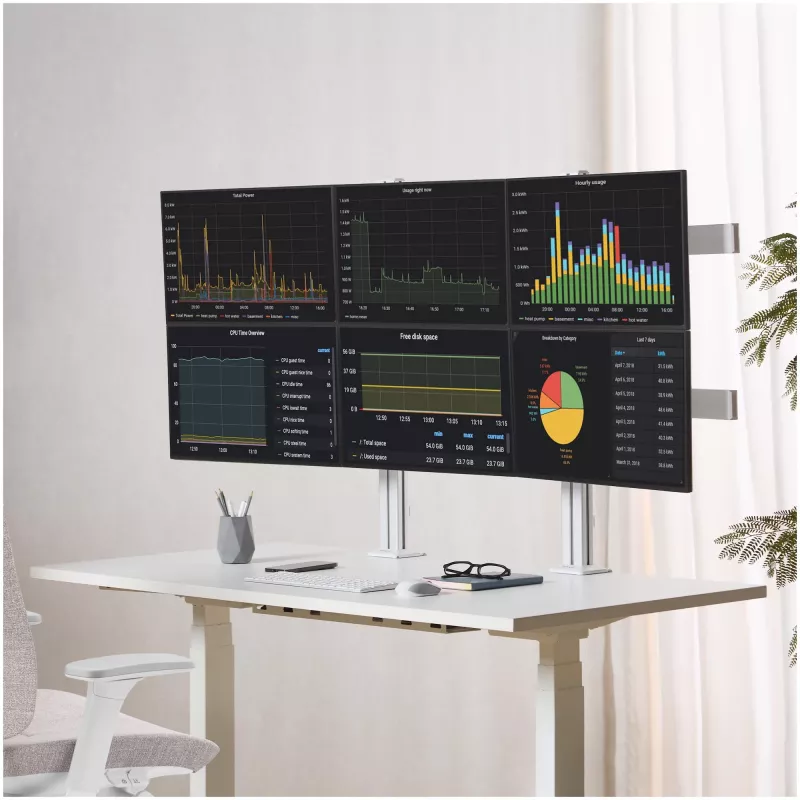 StarTech.com Suporte de secretária para seis monitores com barra transversal, para ecrãs de computador até 32 polegadas, máx. 8 kg por monitor, coluna dupla, fixação em C/passagem pela secretária, ajustável em altura