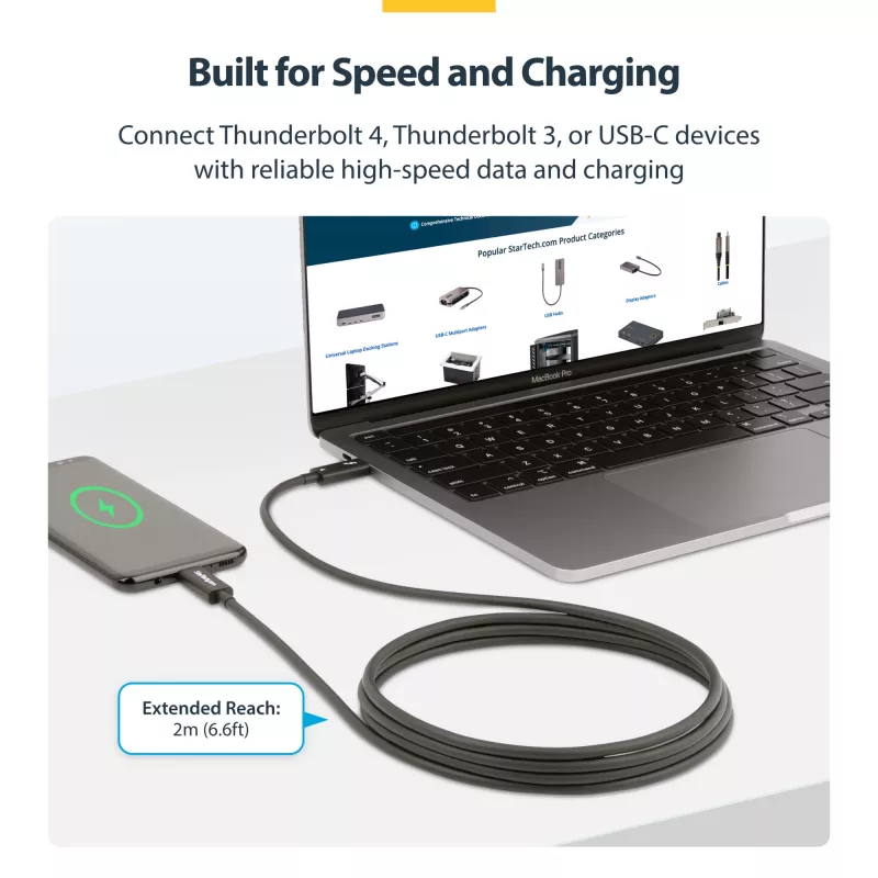StarTech.com Cabo Thunderbolt 4 ativo de 2m, 40 Gbit/s, Power Delivery 100W, vídeo 4K/8K, cabo Thunderbolt certificado Intel – Compatível com USB4/Thunderbolt 4/USB 3.2/USB Type-C/DisplayPort/Thunderbolt 3