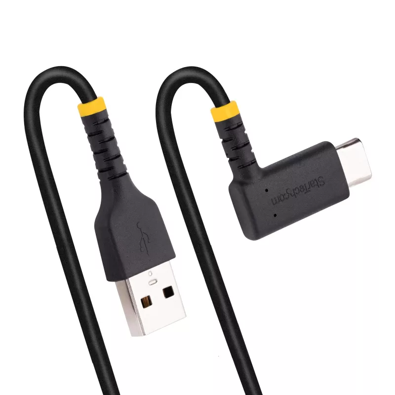 StarTech.com Cabo de carregamento USB-A para USB-C de 15 cm, angular – cabo USB-C de carregamento rápido robusto – preto, USB 2.0 A para Type-C – fibra aramida resistente – 3A – cabo USB de carregamento curto