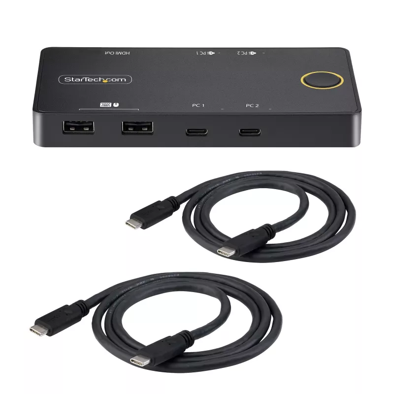 StarTech.com Comutador KVM USB-C de 2 portas, monitor HDMI 4K 60Hz único, portas duplas de Power Delivery 100W pass-through, alimentado por bus, compatível com USB Type-C/USB4/Thunderbolt 3/4 – fator de forma pequeno