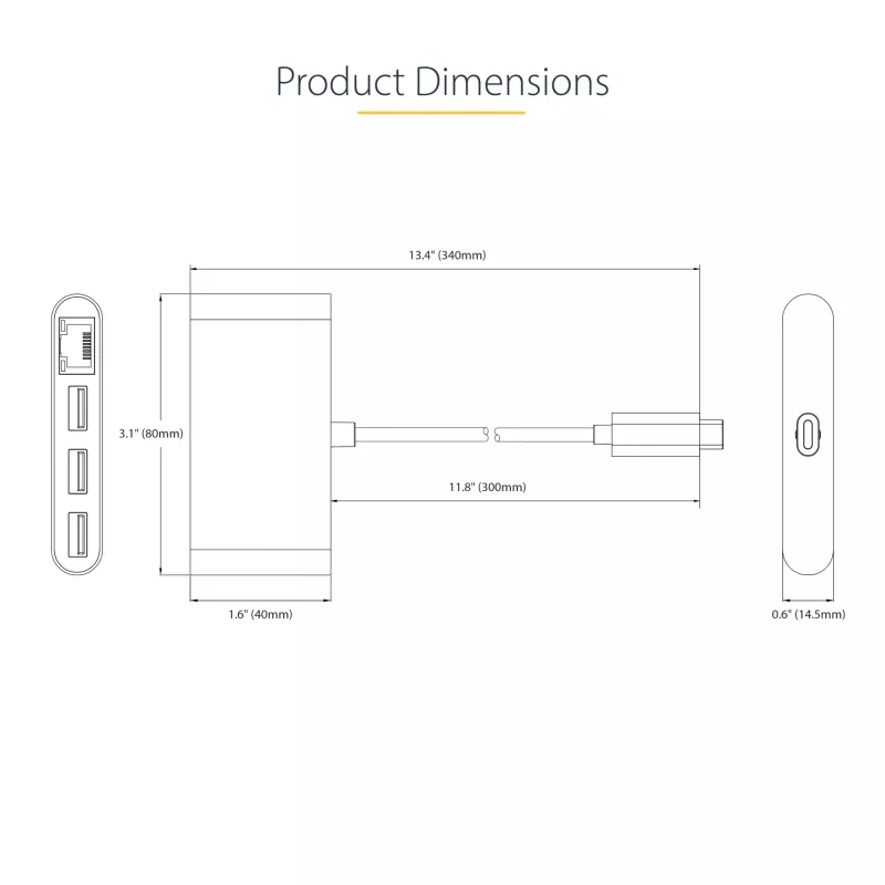 StarTech.com Hub USB-C de 3 portas com Ethernet - 3x USB-A - Ethernet Gigabit - USB 3.0 5Gbps - alimentado por bus - cabo host USB Type-C de 1ft/30cm - GbE - hub USB-C para USB-A portátil