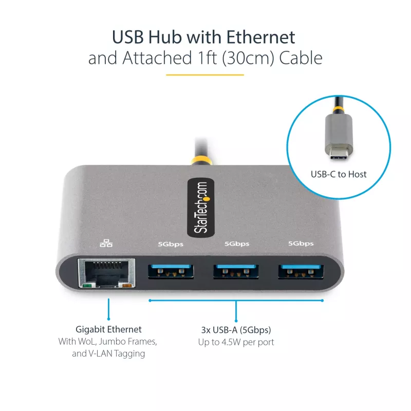 StarTech.com Hub USB-C de 3 portas com Ethernet - 3x USB-A - Ethernet Gigabit - USB 3.0 5Gbps - alimentado por bus - cabo host USB Type-C de 1ft/30cm - GbE - hub USB-C para USB-A portátil