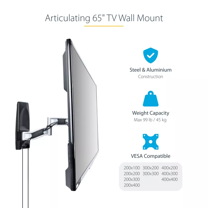 StarTech.com Suporte de parede para TV articulado, suporte de parede VESA, compatível com televisores de 26 a 65 polegadas/99 lb/planos/curvos, suporte de parede plano extensível para TV, suporte de parede de canto ajustável para TV