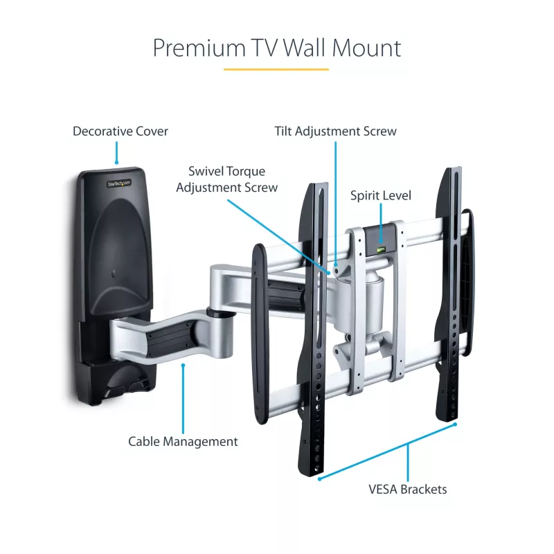 StarTech.com Suporte de parede para TV articulado, suporte de parede VESA, compatível com televisores de 26 a 65 polegadas/99 lb/planos/curvos, suporte de parede plano extensível para TV, suporte de parede de canto ajustável para TV